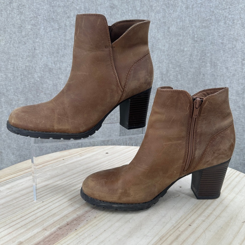 Clarks Verona Trish Ankle Boots 9 Brown Leather Side Zip Block Heel Lug Sole